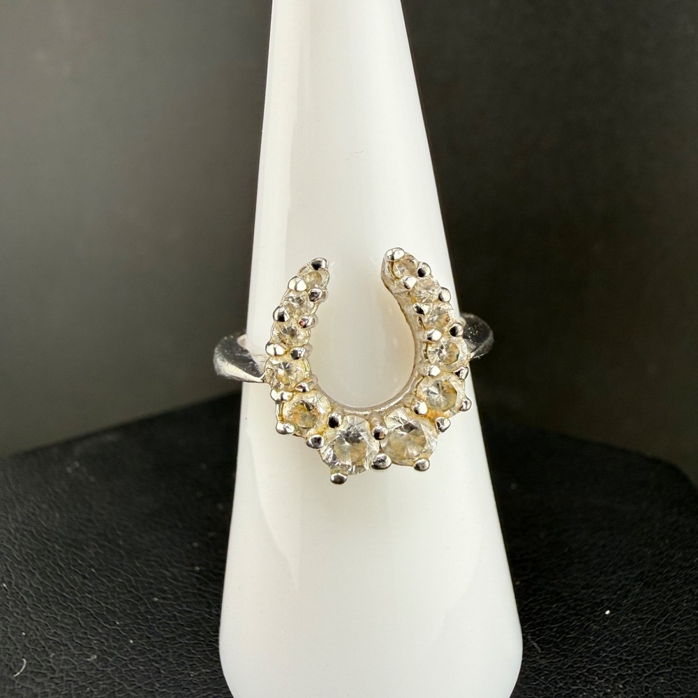 Vintage Estate Horseshoe Ring Silver Tone Rhinestone Cocktail 7